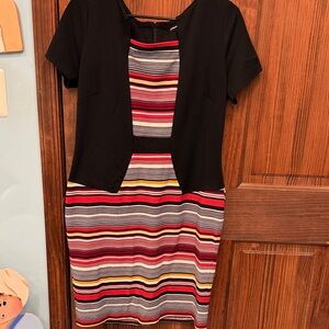 Vibrant Striped Midi Dress with Black Overlay